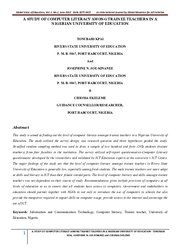 (PDF) A Study of Computer Literacy Among Trainee Teachers in a Nigerian ...