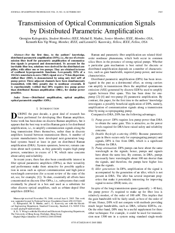 (PDF) Transmission of optical communication signals by distributed ...