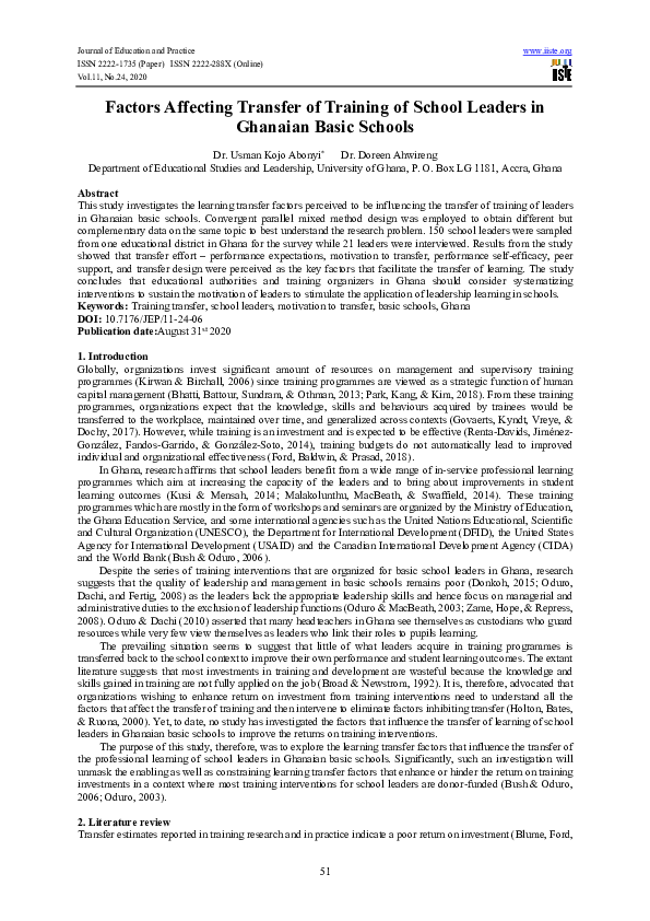 (PDF) Factors Affecting Transfer of Training of School Leaders in ...