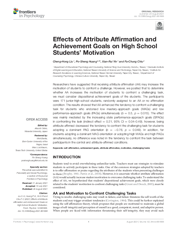 (PDF) Effects of Attribute Affirmation and Achievement Goals on High ...