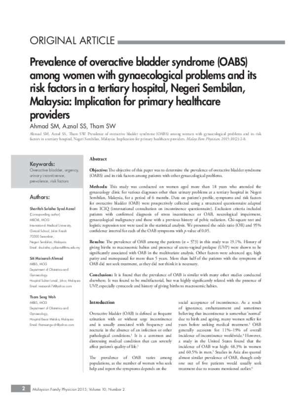 (PDF) Prevalence of overactive bladder syndrome (OABS) among women with ...