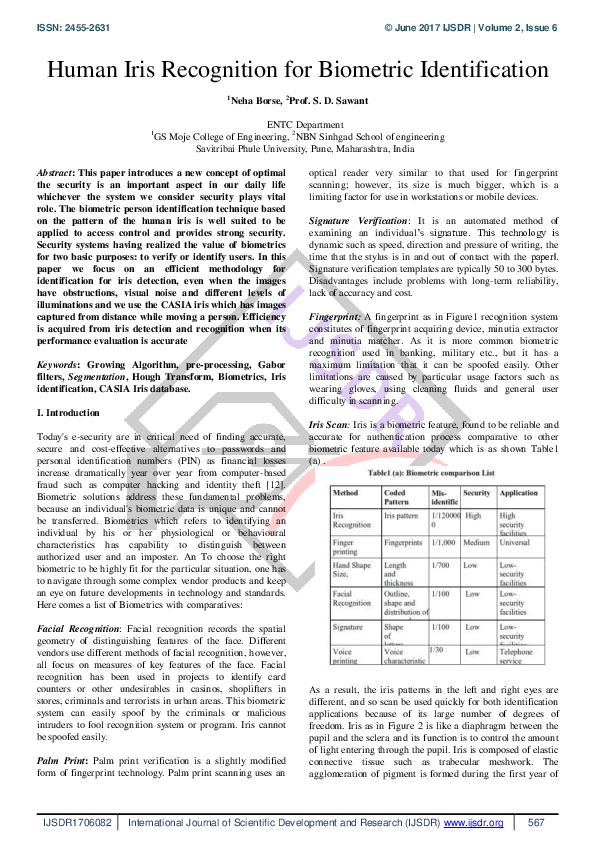 (PDF) Human iris recognition for biometric identification