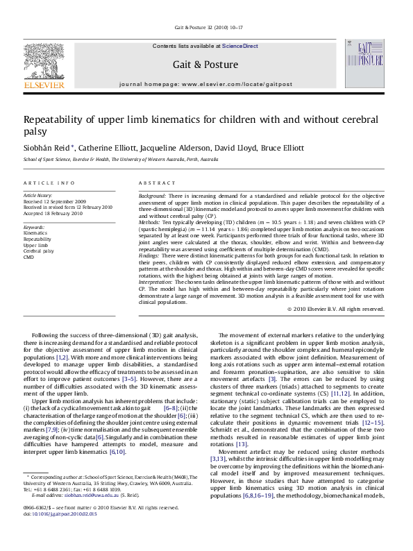 (PDF) Repeatability of upper limb kinematics for children with and ...