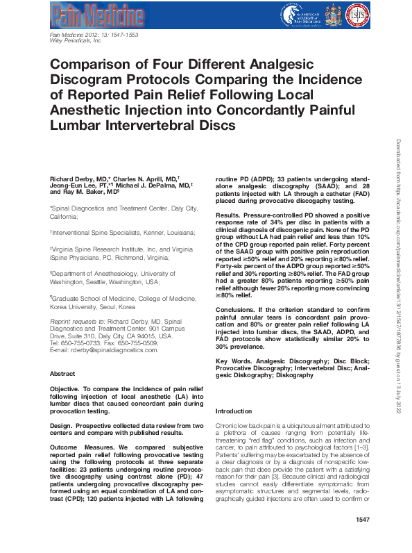 (PDF) Comparison of Four Different Analgesic Discogram Protocols ...