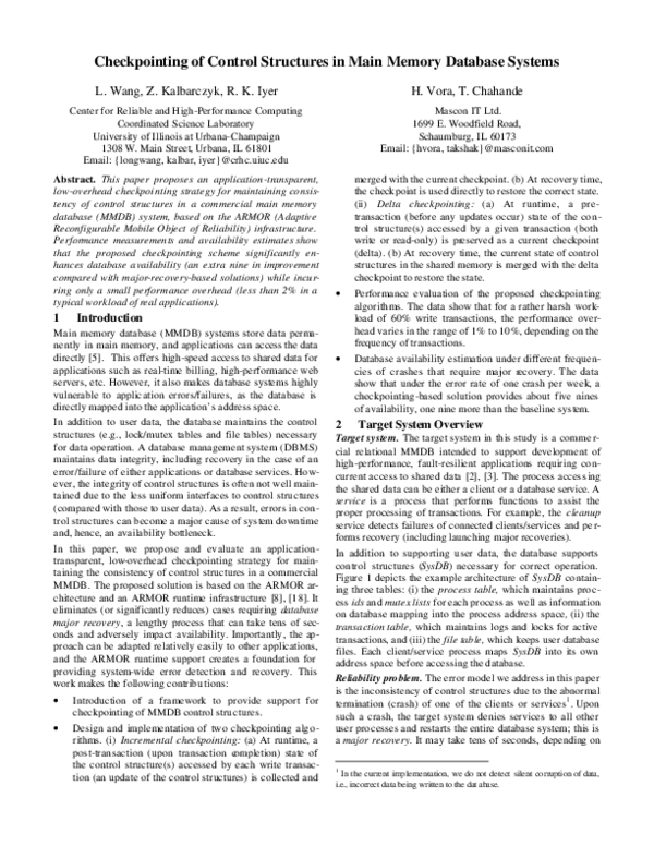 (PDF) Checkpointing of control structures in main memory database systems