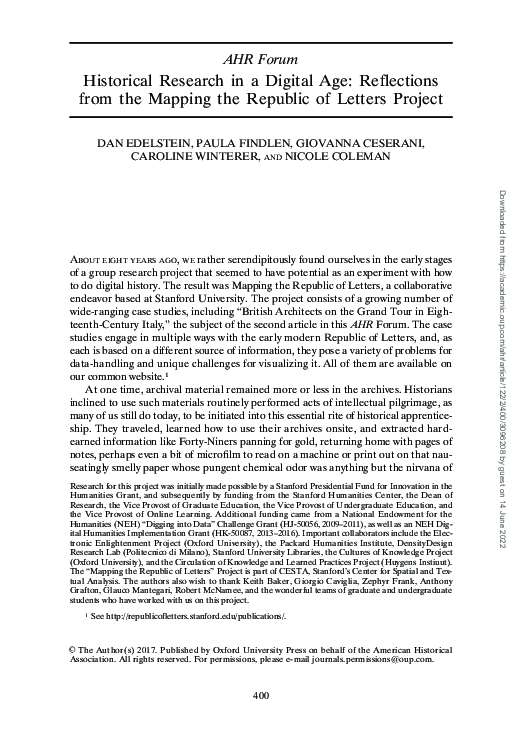 (PDF) Historical Research in a Digital Age: Reflections from the ...