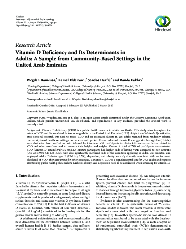 (PDF) Vitamin D Deficiency and Its Determinants in Adults: A Sample ...