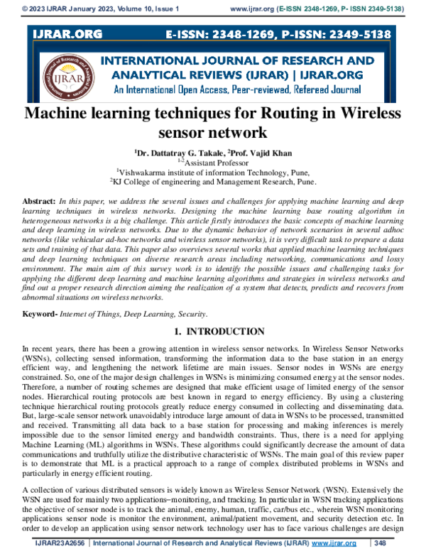 (PDF) Machine learning techniques for Routing in Wireless sensor network