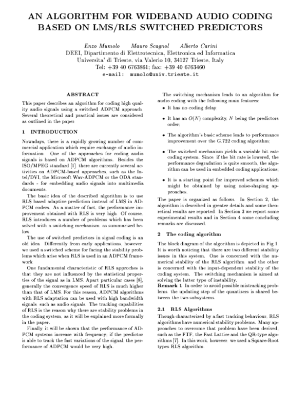 (PDF) An algorithm for wideband audio coding based on LMS/RLS switched ...
