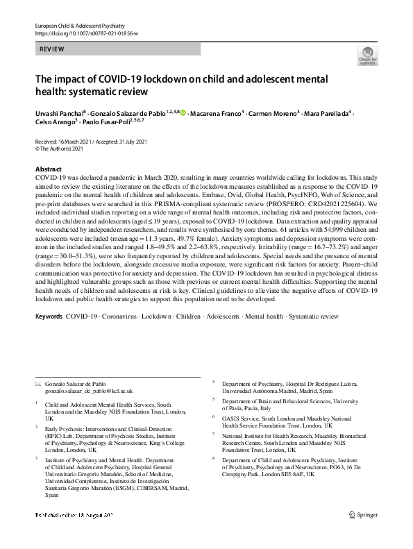 (PDF) The impact of COVID-19 lockdown on child and adolescent mental ...