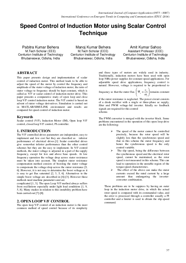 (PDF) Speed Control of Induction Motor using Scalar Control Technique