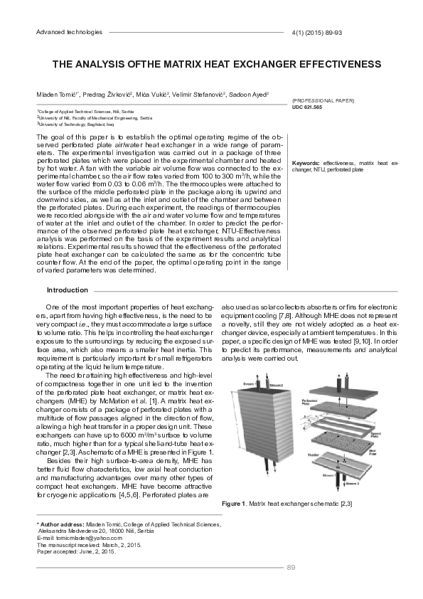 (PDF) The analysis of the matrix heat exchanger effectiveness Sadoon K . Ayed Academia.edu