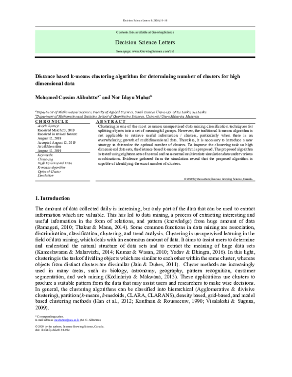 (PDF) Distance based k-means clustering algorithm for determining ...