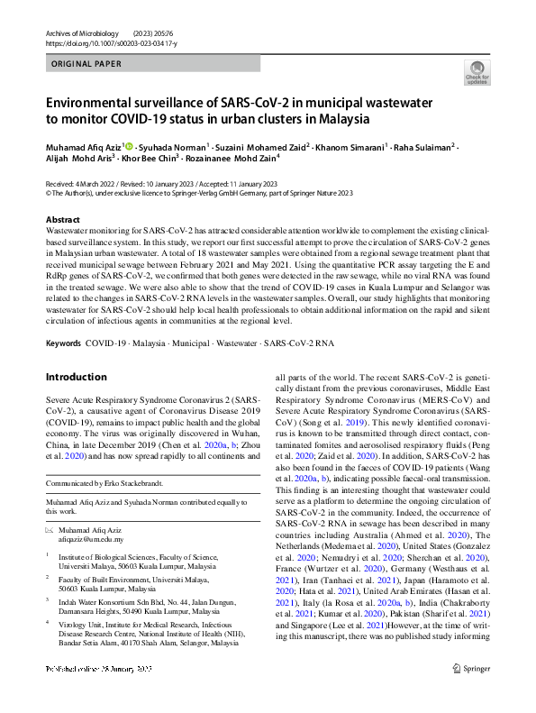 (PDF) Environmental surveillance of SARS-CoV-2 in municipal wastewater ...