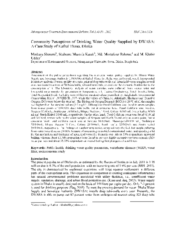 (PDF) Community Perceptions of Drinking Water Quality Supplied by DWASA ...