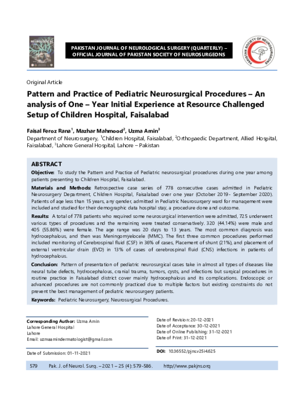 (PDF) Pattern and Practice of Paediatric Neurosurgical Procedures- An ...