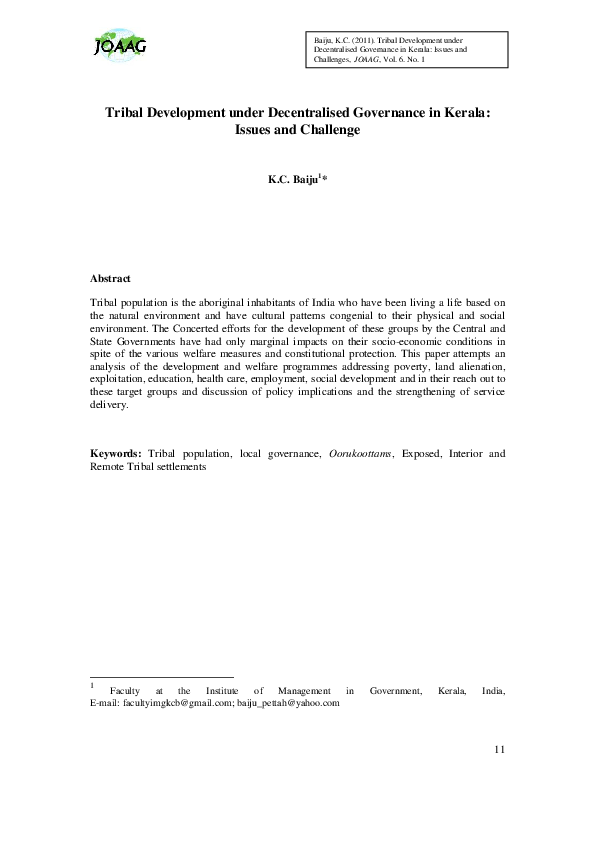 (PDF) Tribal Development under Decentralised Governance in Kerala ...