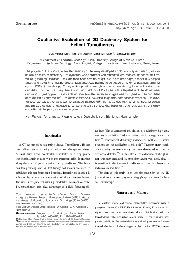 (PDF) Qualitative Evaluation of 2D Dosimetry System for Helical Tomotherapy