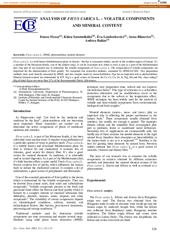 (PDF) Analysis of Ficus Carica L. – Volatile Components and Mineral Content