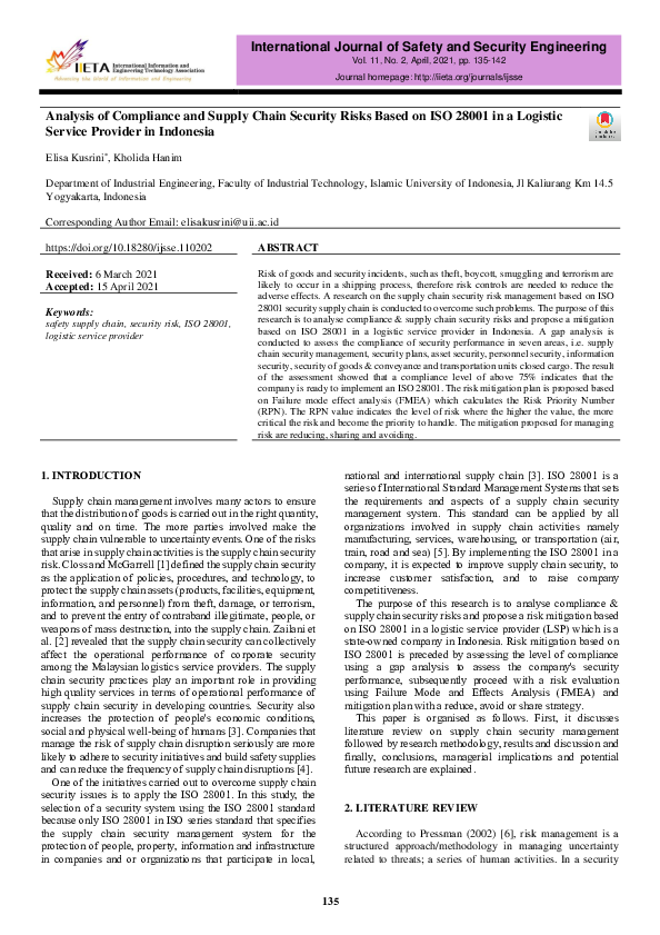 Pdf Analysis Of Compliance And Supply Chain Security Risks Based On Iso 28001 In A Logistic Pdf Analysis Of Compliance And Supply Chain Security Risks Based On Iso 28001 In A Logistic