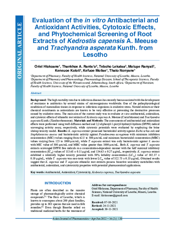 (PDF) Evaluation of the in vitro Antibacterial and Antioxidant ...
