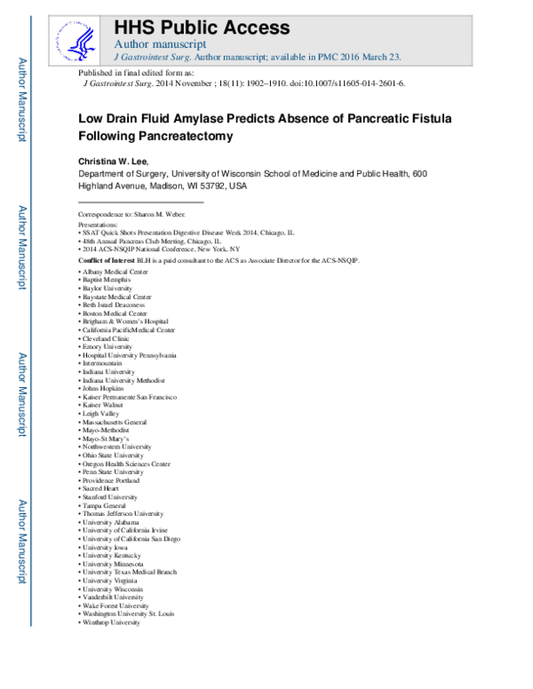 (PDF) Low Drain Fluid Amylase Predicts Absence of Pancreatic Fistula ...
