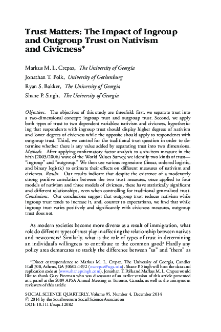 (PDF) Trust Matters: The Impact of Ingroup and Outgroup Trust on
