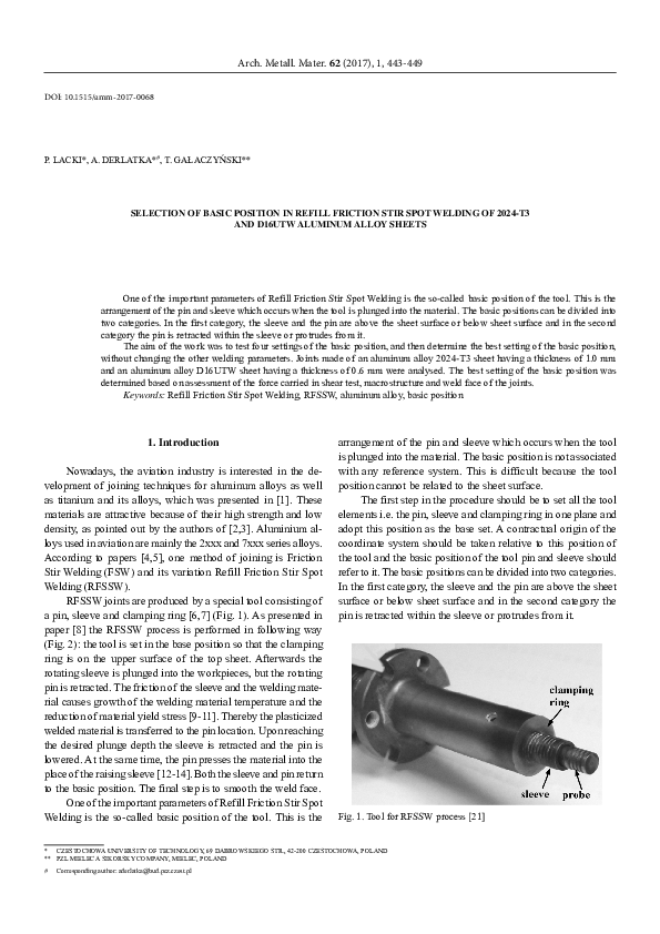 (PDF) Selection of basic position in Refill Friction Stir Spot Welding ...