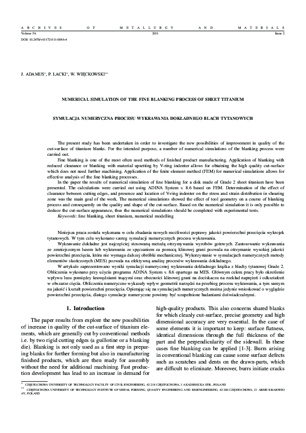 (PDF) Numerical Simulation of the Fine Blanking Process of Sheet Titanium