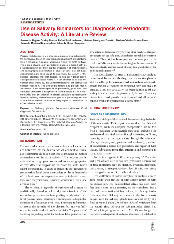 (PDF) Use of Salivary Biomarkers for Diagnosis of Periodontal Disease Activity A Literature