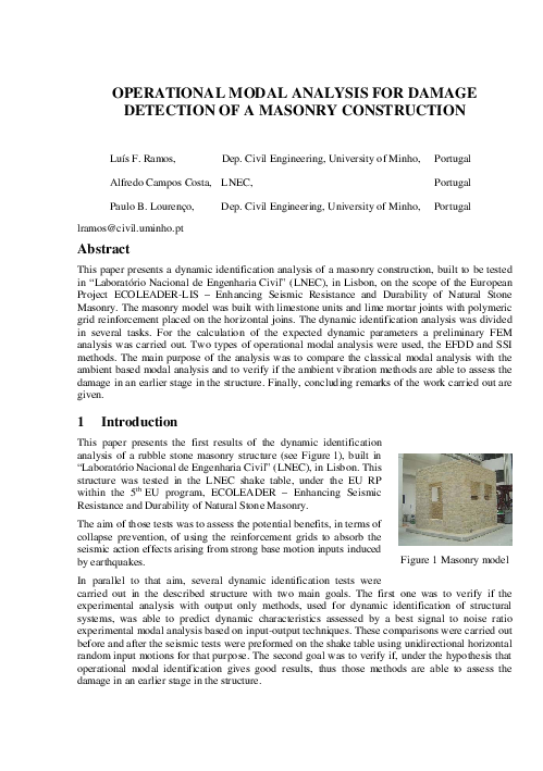 (PDF) Operational modal analysis for damage detection of a masonry ...