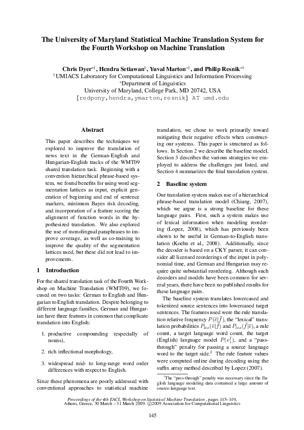 (PDF) The University of Maryland statistical machine translation system ...