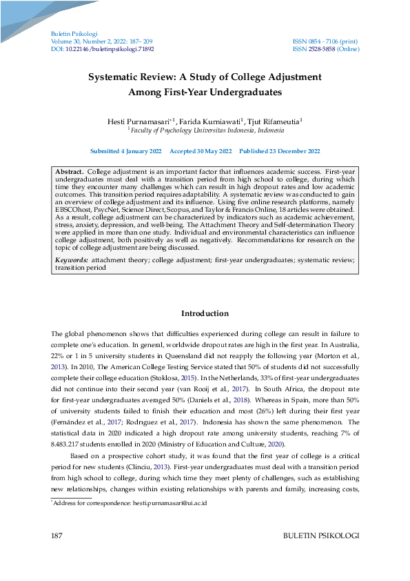 (PDF) Systematic Review: A Study of College Adjustment Among First-Year ...