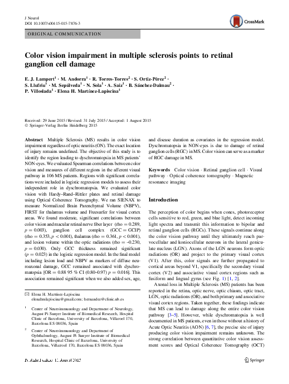 (PDF) Color vision impairment in multiple sclerosis points to retinal ...
