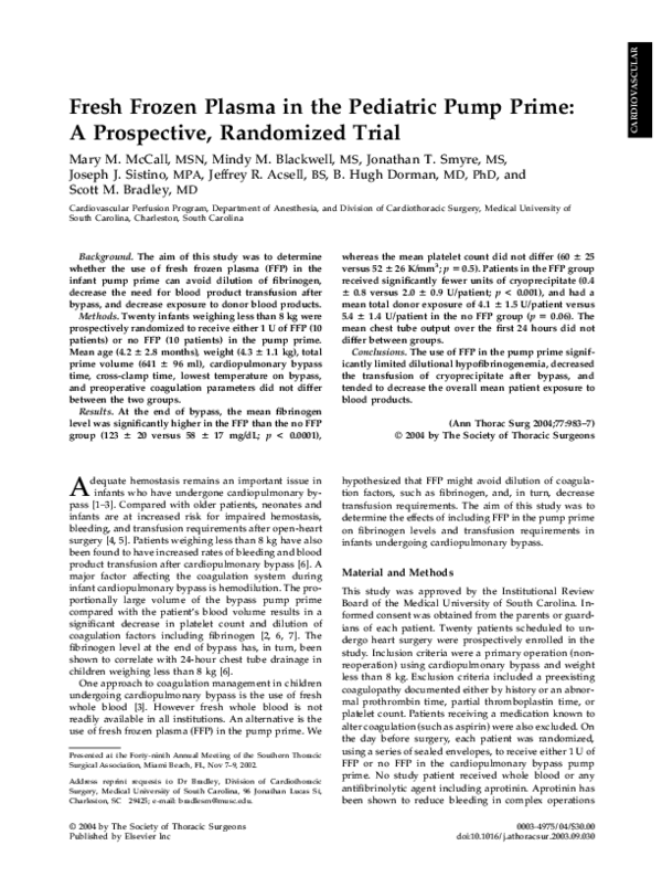 (PDF) Fresh frozen plasma in the pediatric pump prime: a prospective ...
