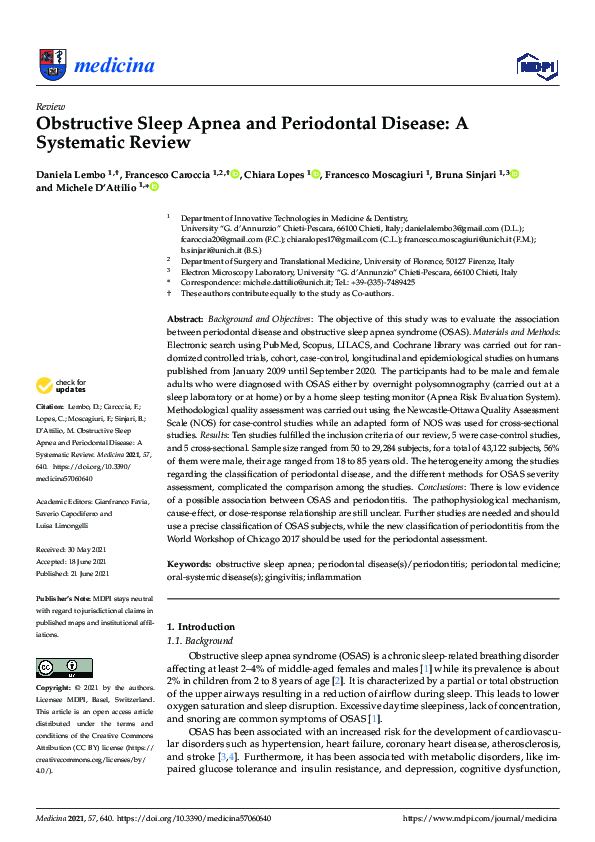 (PDF) Obstructive Sleep Apnea and Periodontal Disease: A Systematic Review