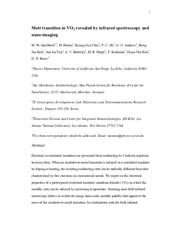 (PDF) Mott Transition in VO 2 Revealed by Infrared Spectroscopy and ...