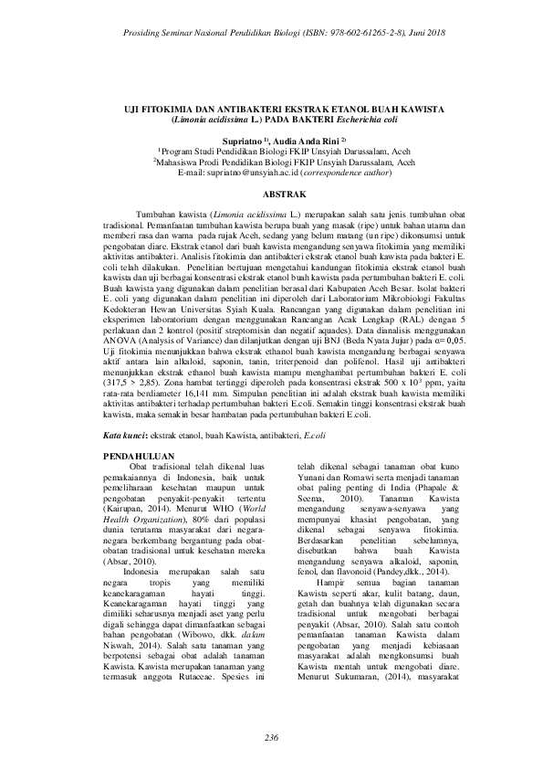 (PDF) UJI FITOKIMIA DAN ANTIBAKTERI EKSTRAK ETANOL BUAH KAWISTA ...