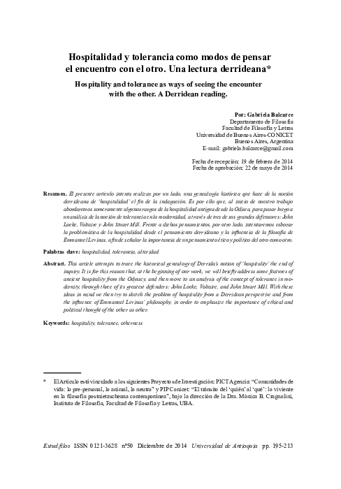 (PDF) Hospitalidad y tolerancia como modos de pensar el encuentro con ...