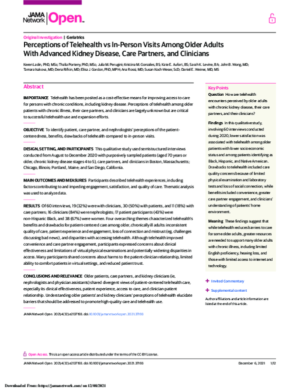 (PDF) Perceptions of Telehealth vs In-Person Visits Among Older Adults ...