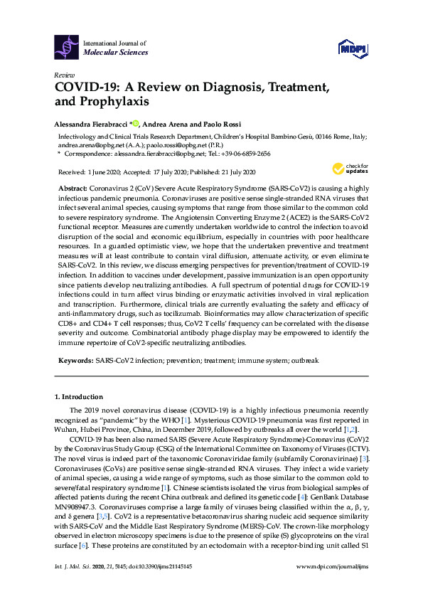 (PDF) COVID-19: A Review on Diagnosis, Treatment, and Prophylaxis
