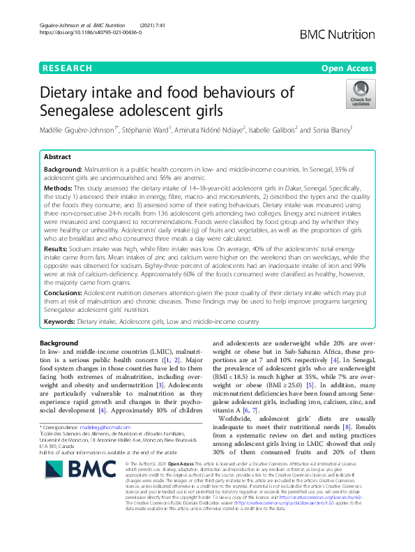 Pdf Dietary Intake And Food Behaviours Of Senegalese Adolescent Girls