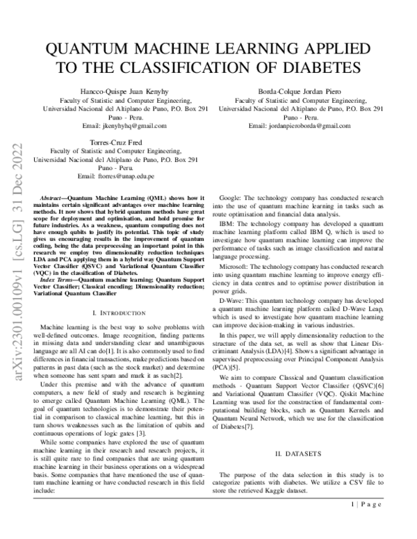 (PDF) Quantum Machine Learning Applied to the Classification of Diabetes