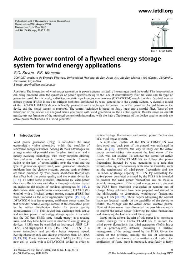 (PDF) Active power control of a flywheel energy storage system for wind