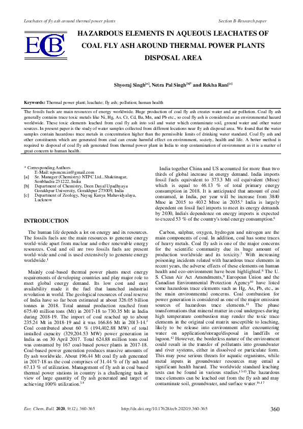 (PDF) Hazardous elements in aqueous leachates of coal fly ash around ...