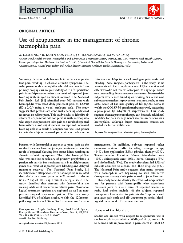 (PDF) Use of acupuncture in the management of chronic haemophilia pain