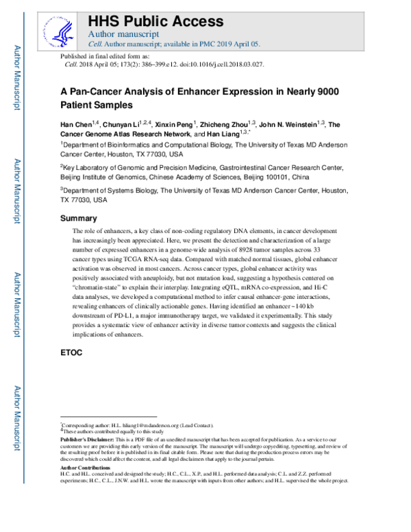 (PDF) A Pan-Cancer Analysis of Enhancer Expression in Nearly 9000 ...