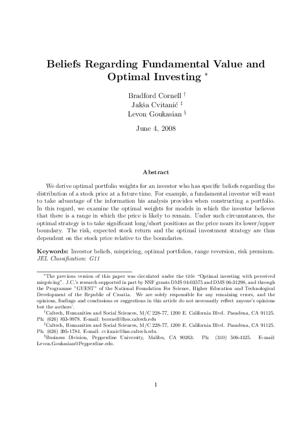 (PDF) Beliefs regarding fundamental value and optimal investing