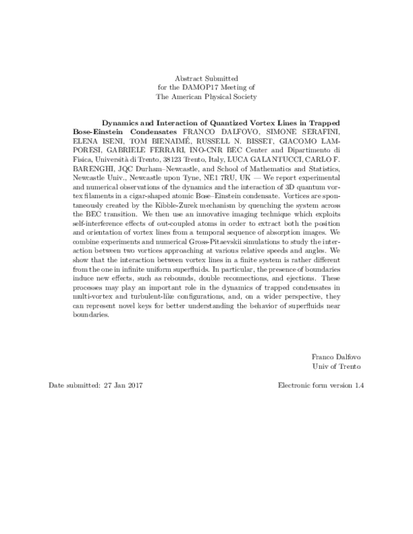 (PDF) Dynamics and Interaction of Quantized Vortex Lines in Trapped ...