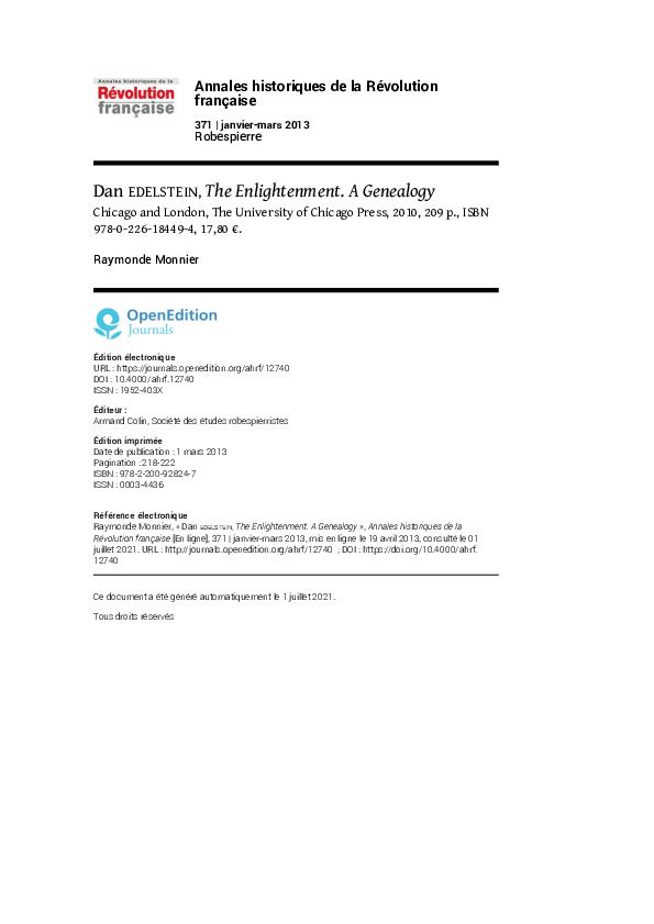 (PDF) Dan Edelstein, The Enlightenment. A Genealogy